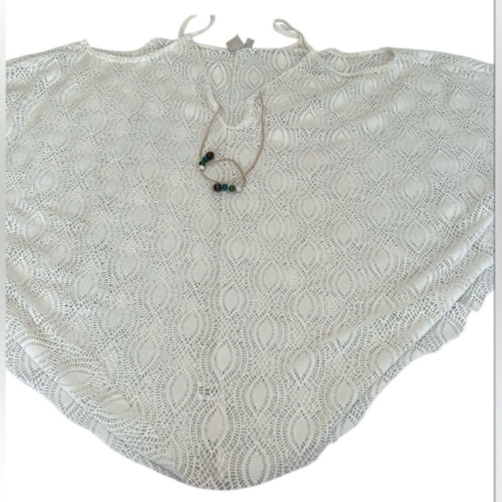 St Tropez West szM white lacy flowy boho cold shoulder cover up front tie EUC